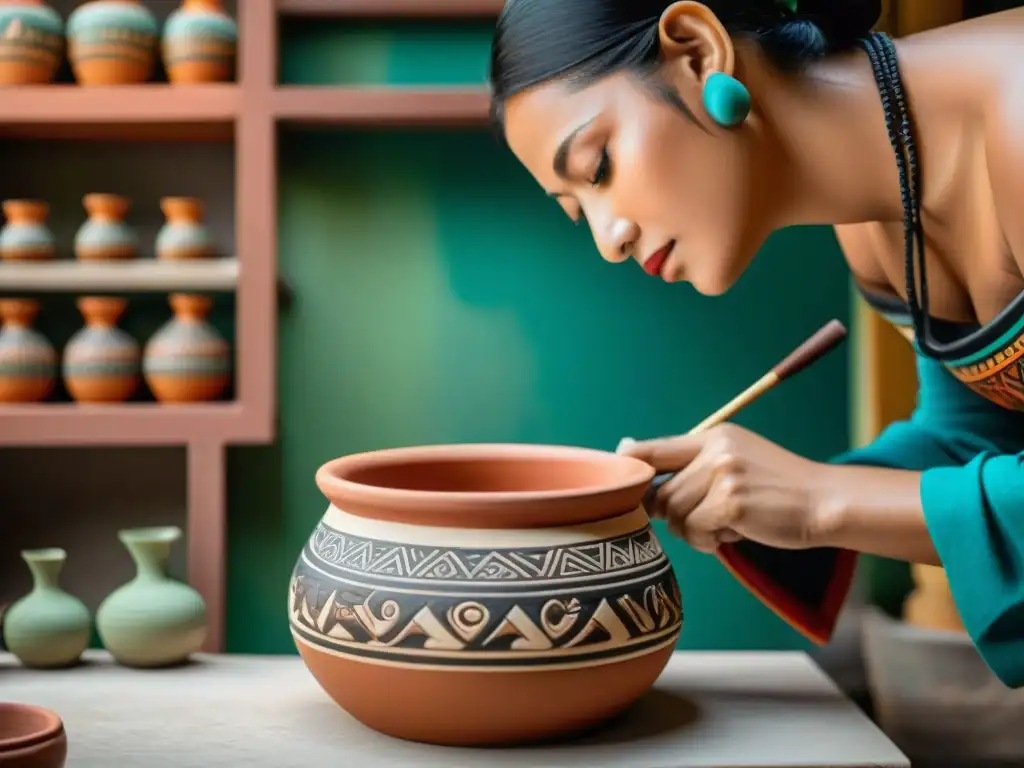 Un artesano maya pintando diseños en una vasija de barro, mostrando la rica artesanía y cultura maya