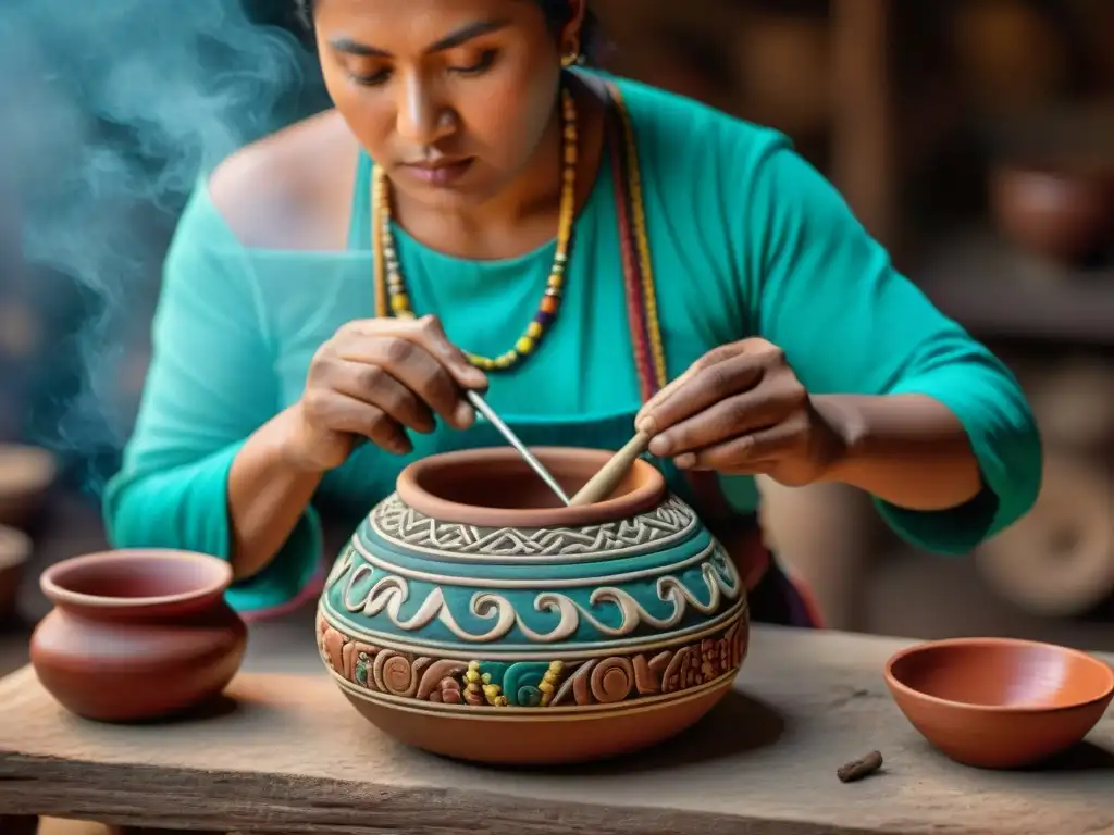 Un artesano maya crea con esmero una colorida vasija de cerámica, rodeado de herramientas y materiales