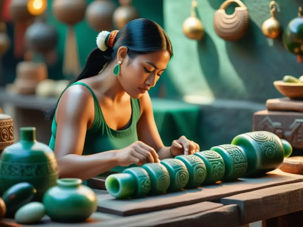 Un artesano maya experto tallando jade en un bullicioso mercado, resaltando el comercio de jade en mayas