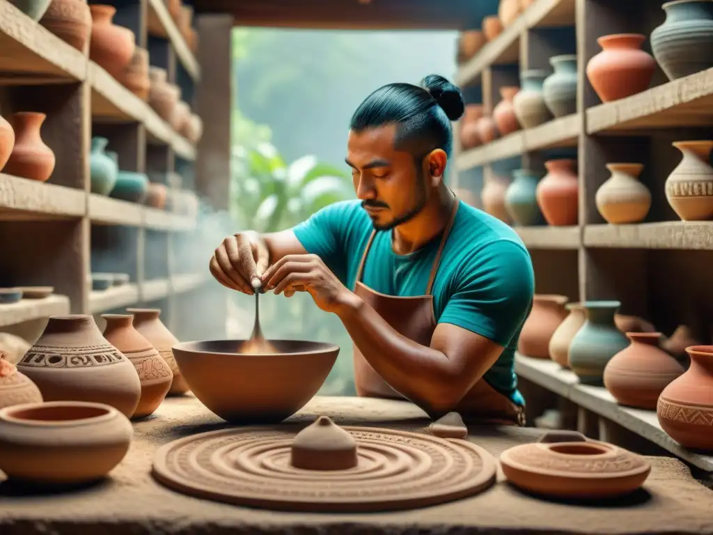 Un artesano maya experto moldea cerámica con herramientas tradicionales, reflejando las innovaciones tecnológicas Teotihuacán Mayas