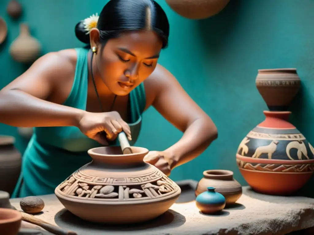 Un artesano maya experto crea cerámica ritual con detalle y color vibrante