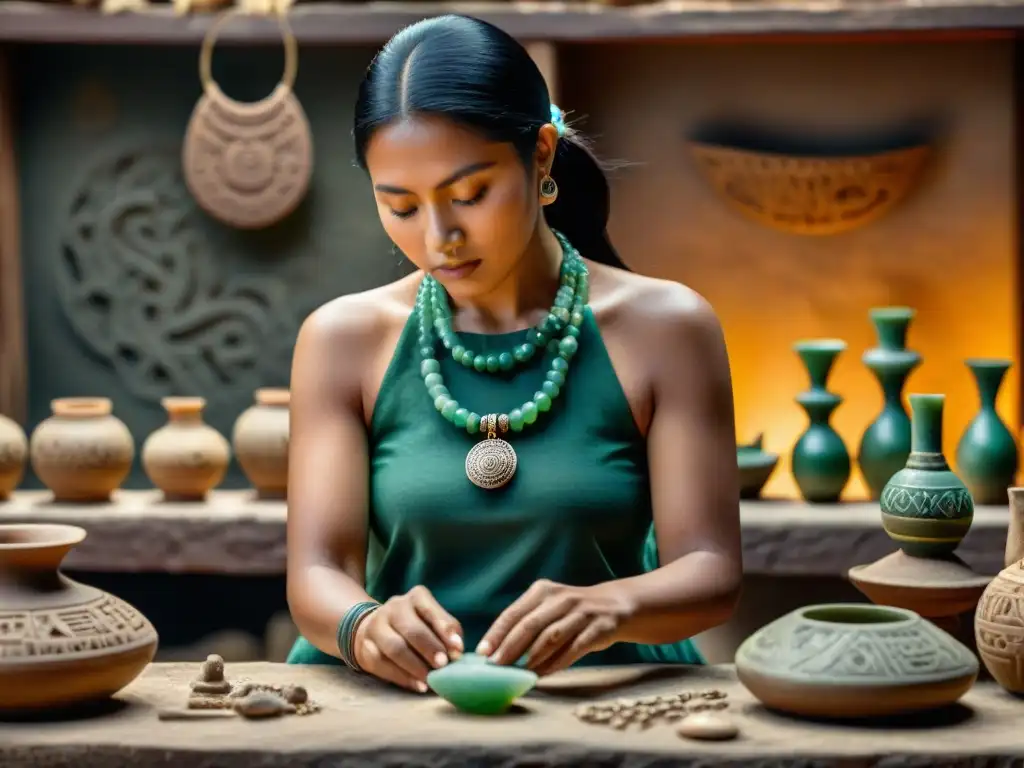 Un artesano maya experto creando un collar de jade rodeado de artefactos antiguos y jeroglíficos en su taller