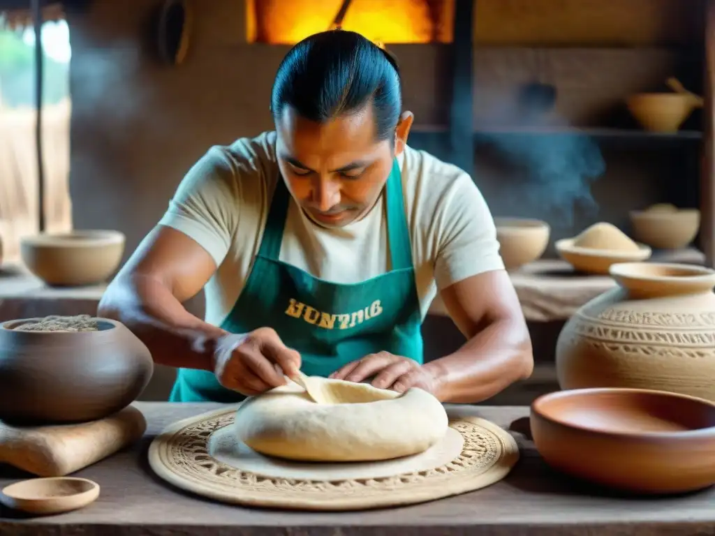 Un artesano maya experto moldeando con cuidado la masa del misterioso pan maya tradición, rodeado de herramientas rústicas y cerámica tradicional