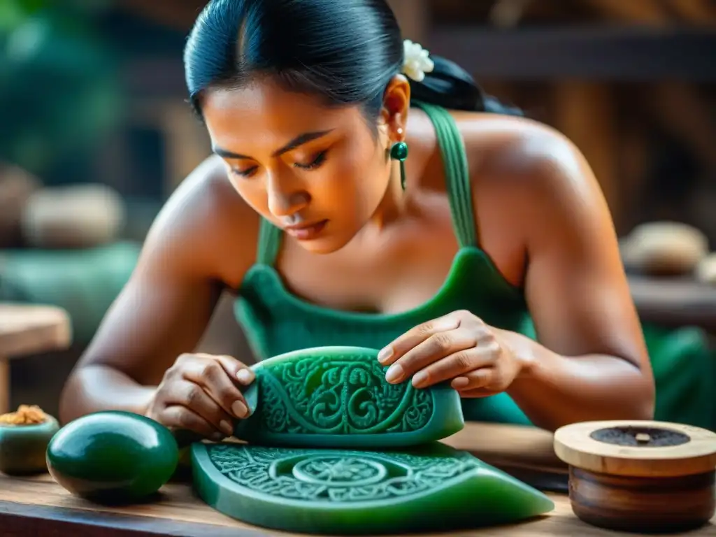 Un artesano maya experto tallando diseños en jade, rodeado de herramientas tradicionales