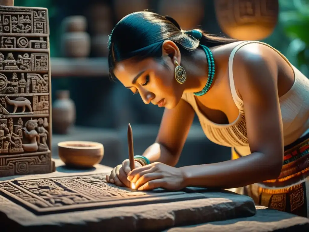 Un artesano maya experto tallando intrincadas glifos en una tableta de piedra, reflejando su legado educativo en la cosmogonía maya