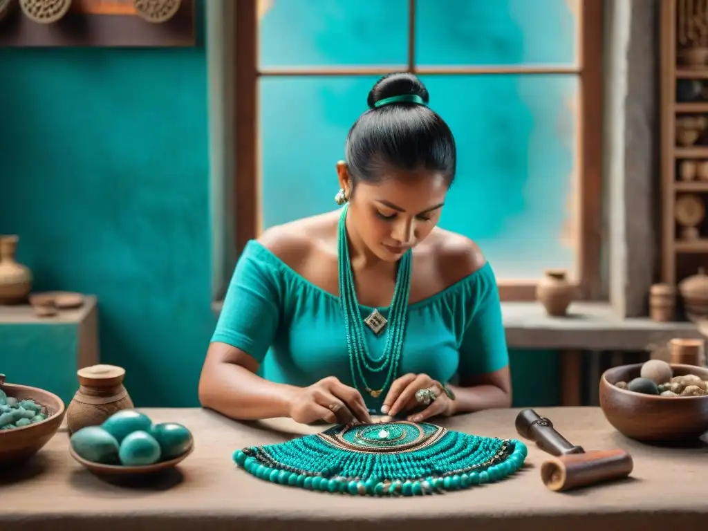 Artesano maya experto creando joyería turquesa en taller tradicional, destellos de luz natural