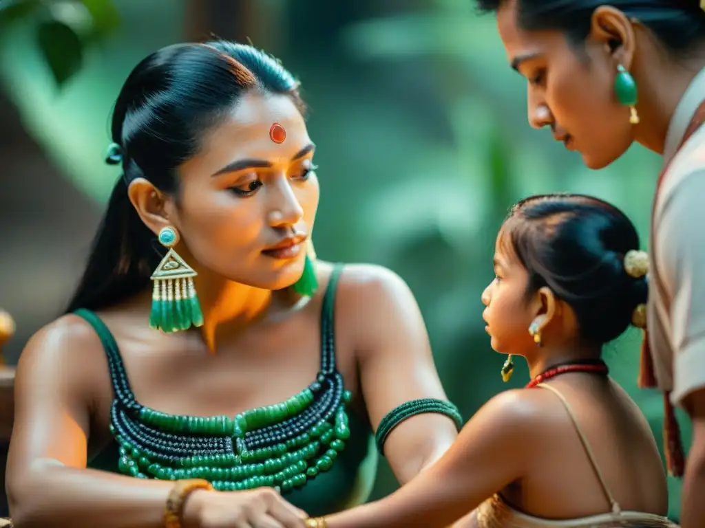 Un artesano maya experto elaborando detalladamente pendientes de jade, reflejando la profundidad cultural y artesanal en la creación de joyería maya