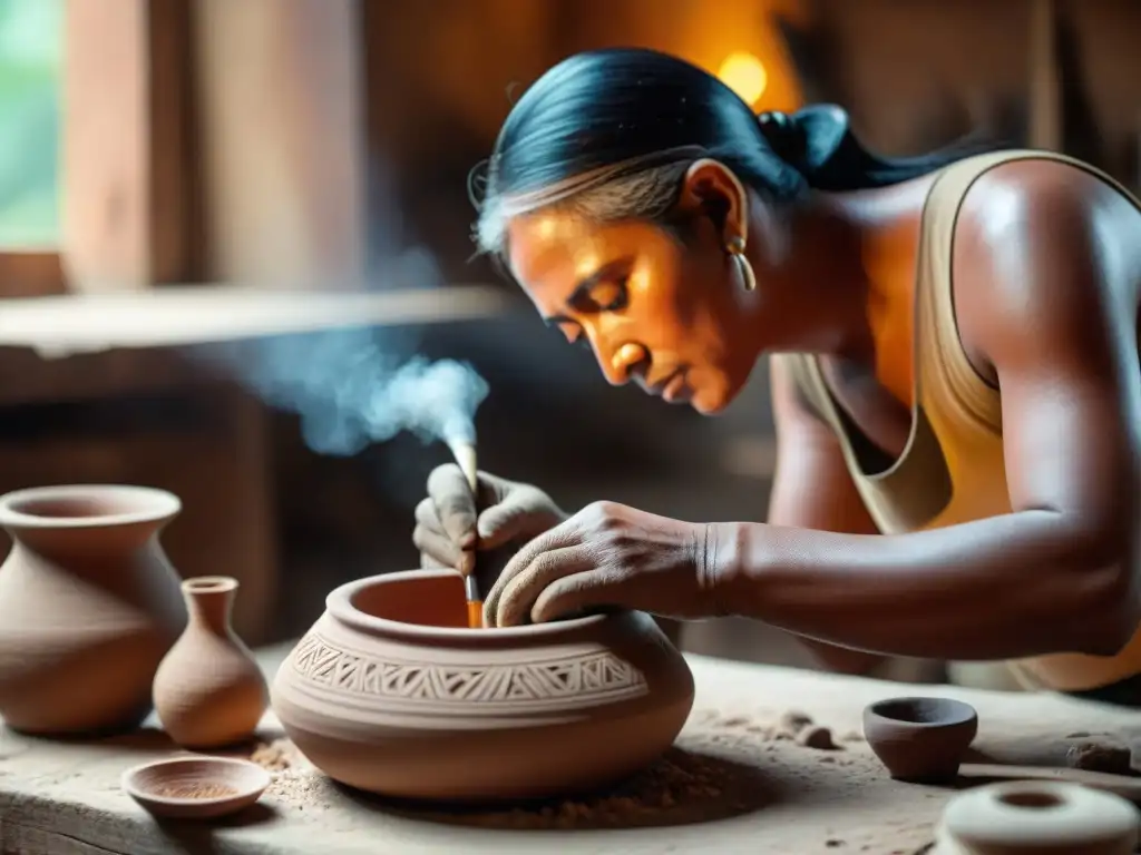 Un artesano maya experto moldeando con precisión arcilla para una vasija tradicional