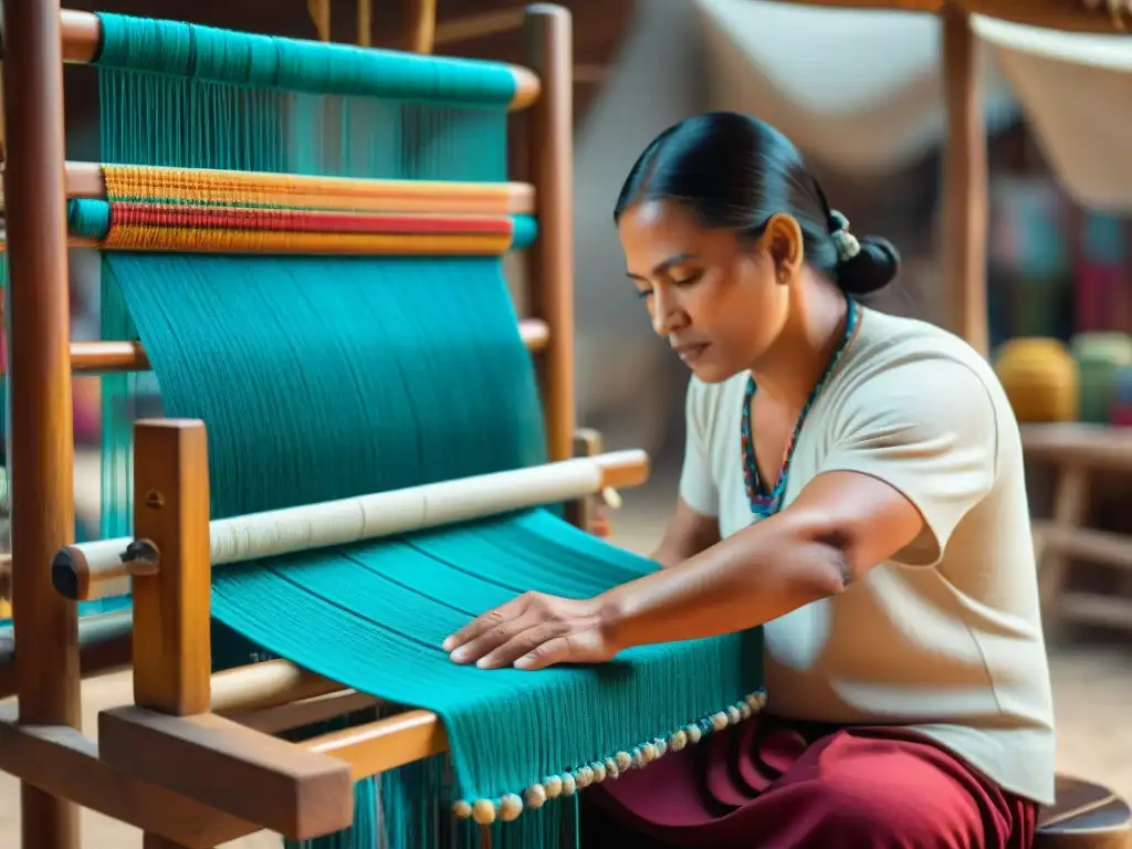 Un artesano maya experto tejiendo en telar tradicional en mercado colorido