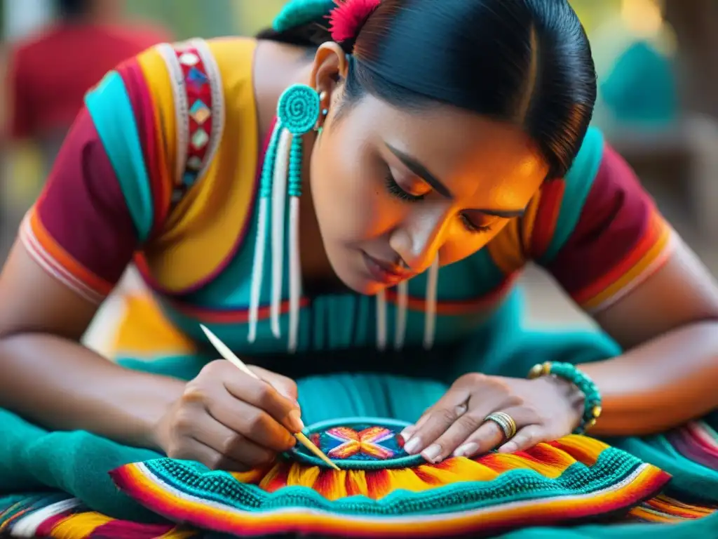 Un artesano maya experto bordando vestimentas ceremoniales mayas con detalle y destreza