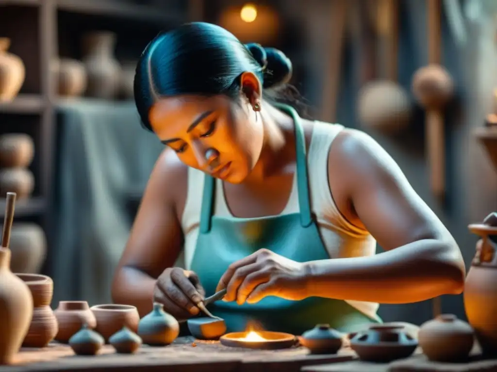 Artesano maya crea figura cerámica en taller con herramientas, enfoque y detalles