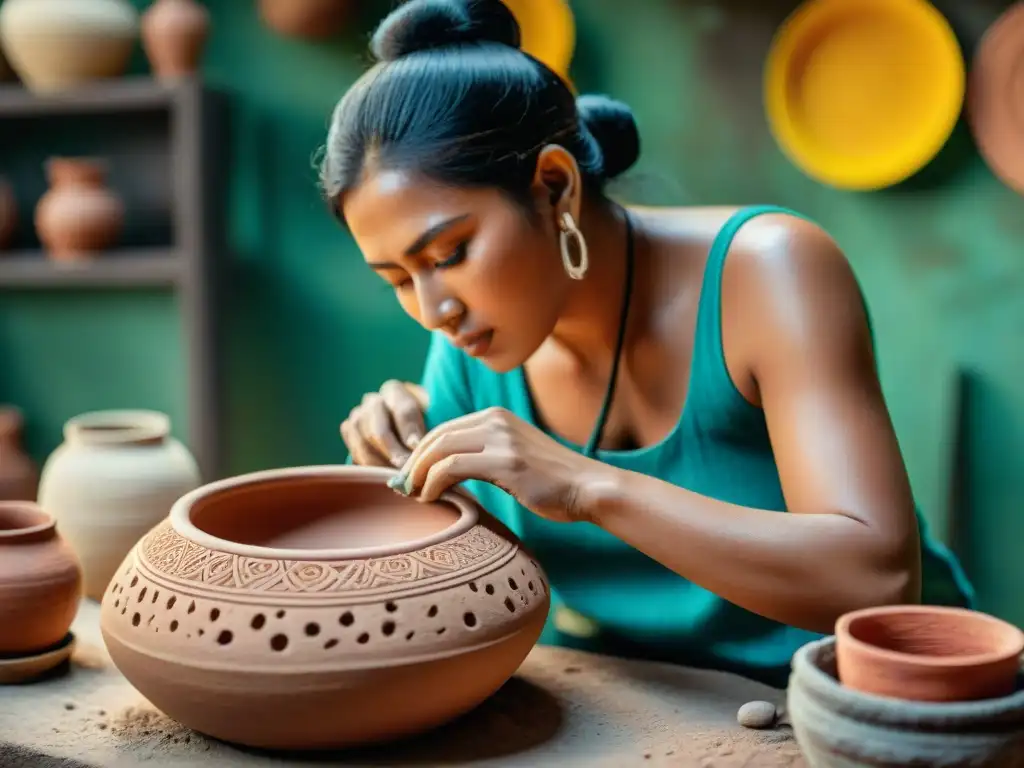 Artesano Maya creando formas cerámica, inmerso en colores vibrantes y herramientas tradicionales