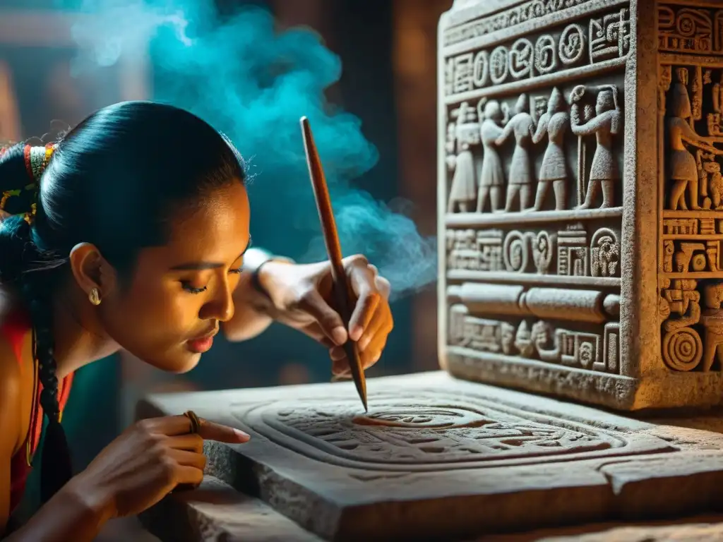 Un artesano maya tallando glifos en piedra, desvelando el significado de la escritura maya