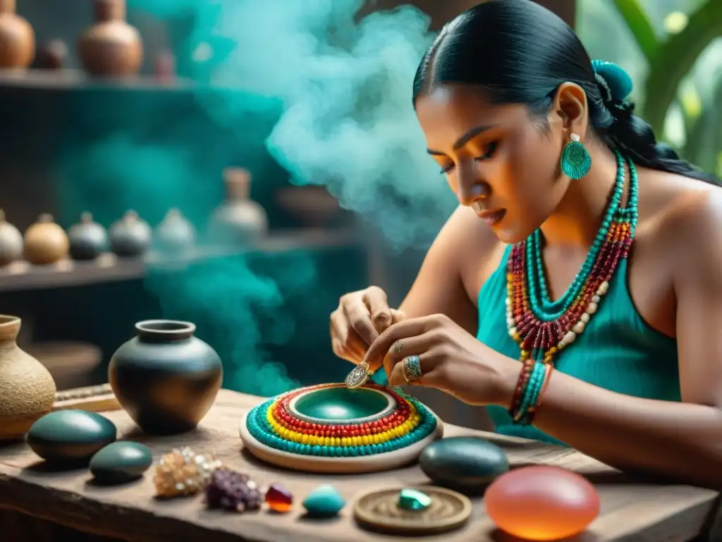 Un artesano maya habilidoso creando joyas únicas estilo maya con gemas vibrantes y herramientas intrincadas