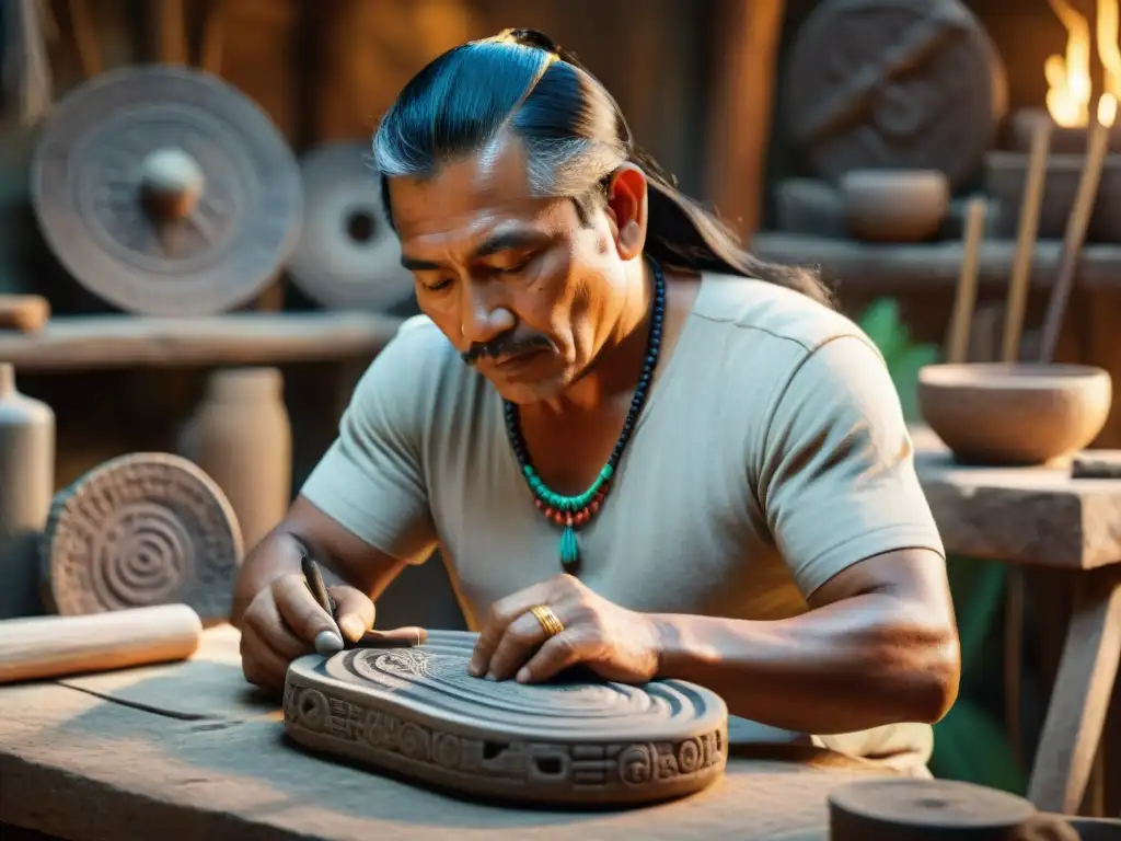 Artesano maya preservando la herencia cultural con réplicas detalladas en su taller rústico