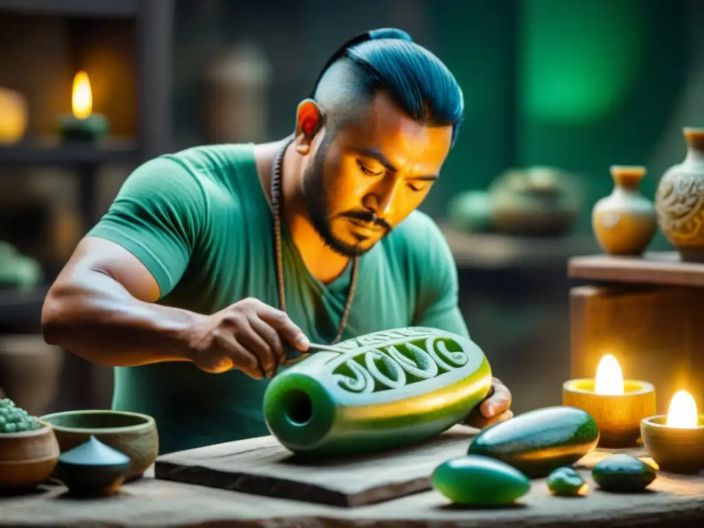 Artesano maya tallando jade con herramientas antiguas en taller iluminado, resaltando importancia piedras preciosas cultura maya