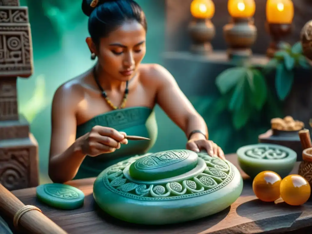 Artesano maya tallando jade con herramientas antiguas en taller, reflejando turismo cultural en civilización maya