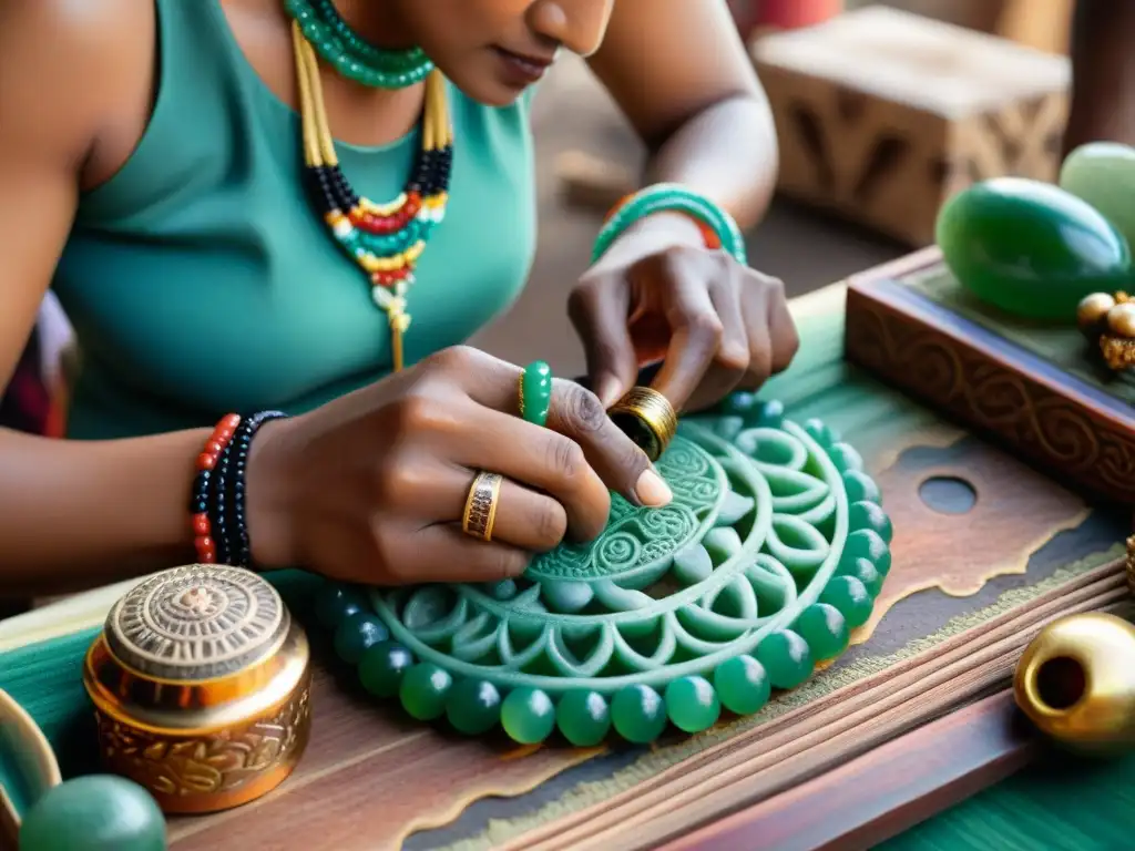 Artesano maya tallando jade con herramientas, reflejando el arte joyero maya y sus materiales preferidos