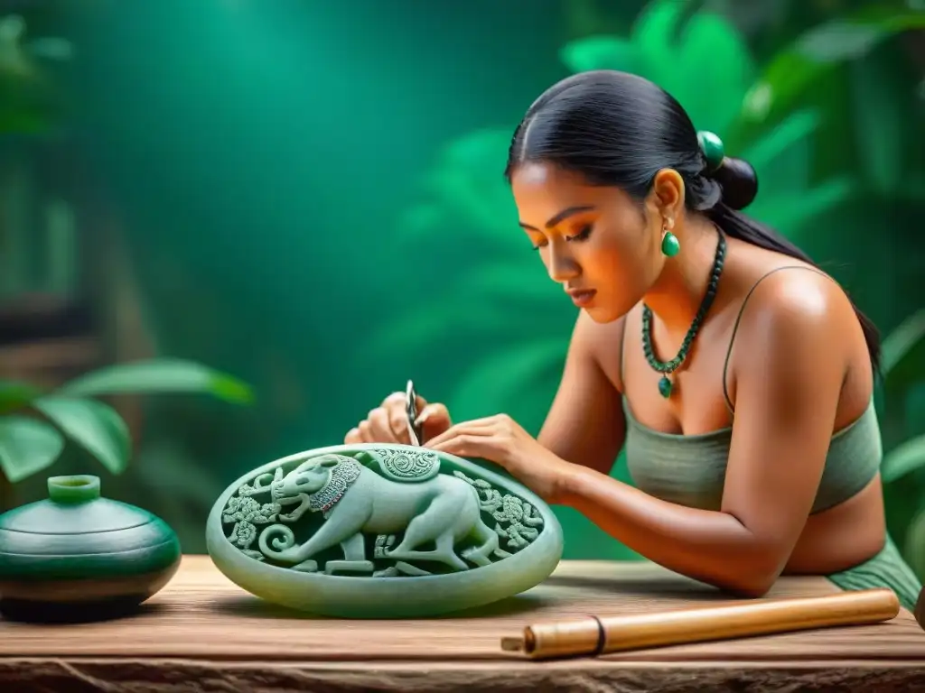 Hábil artesano maya tallando jade con herramientas tradicionales