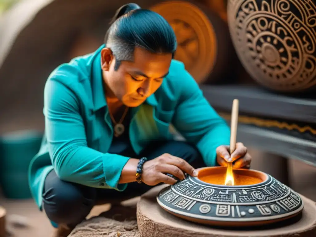 Artesano maya tallando a Hunab Ku en cerámica con cosmovisión maya Hunab Ku significado