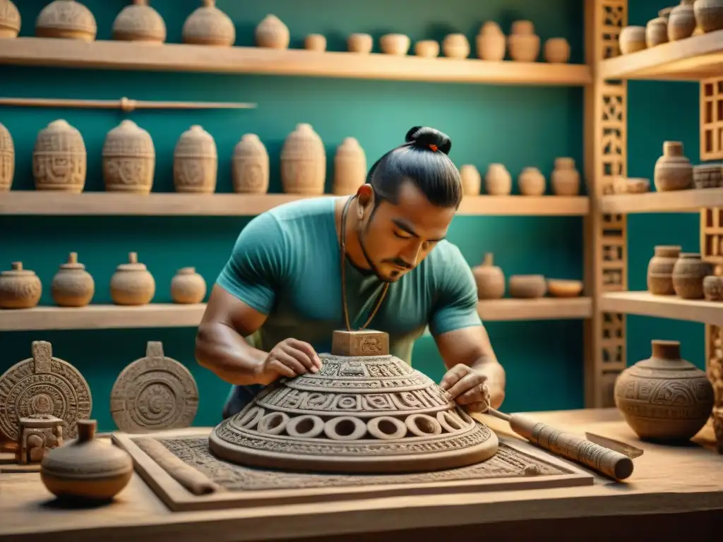 Artesano recreando réplica maya, inmerso en la preservación herencia cultural réplicas mayas con precisión y dedicación