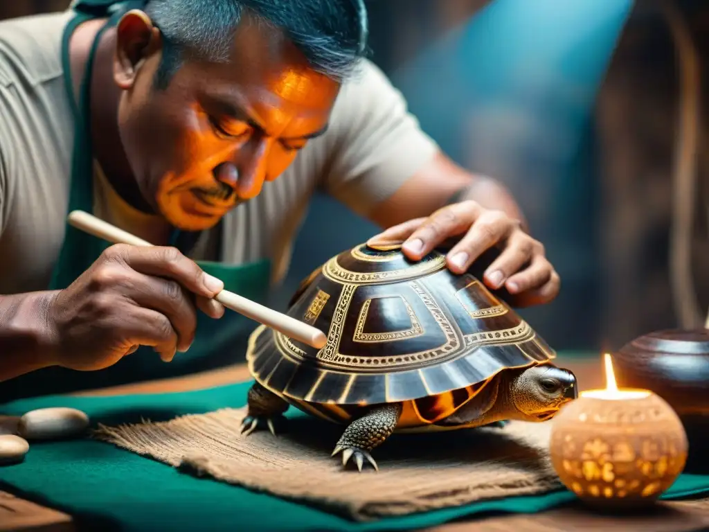 Artesano maya moldea instrumento musical con caparazón de tortuga en taller tradicional