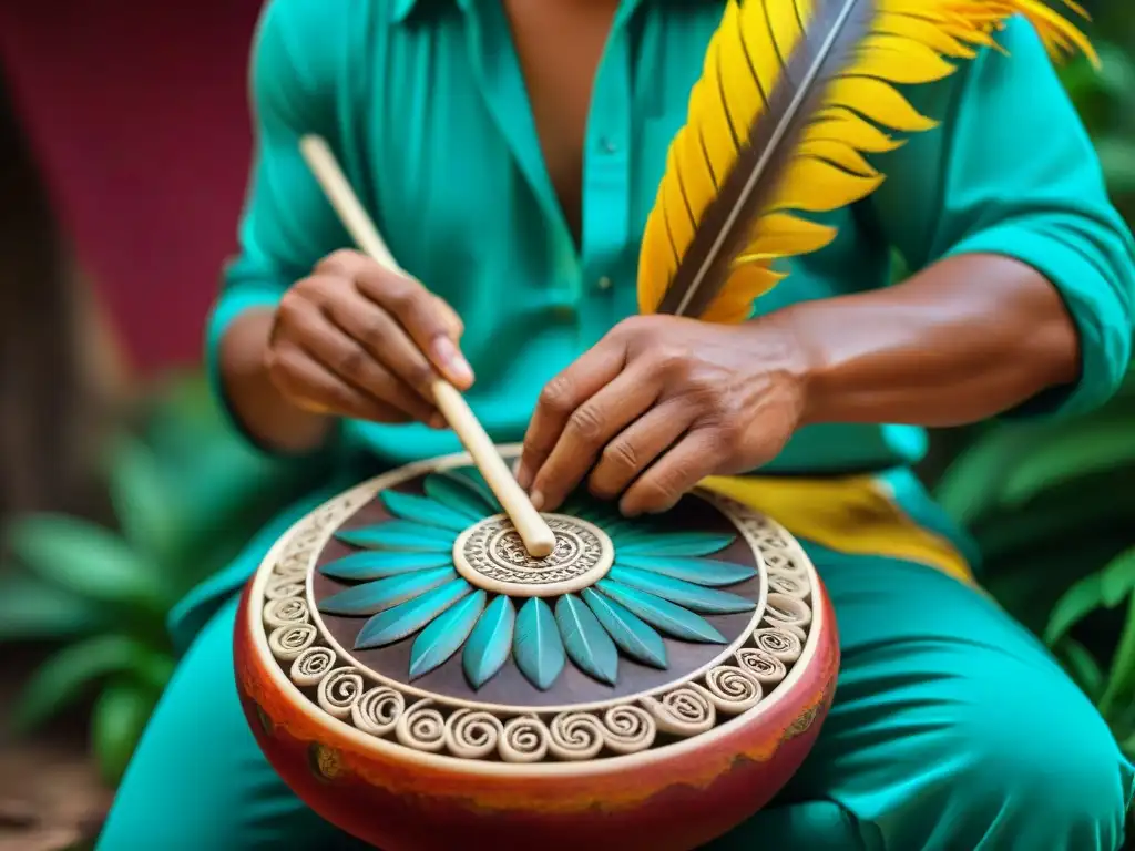 Artesano maya tallando instrumento, rodeado de plumas, flores y glifos, capturando la esencia de los instrumentos musicales mayas inspiración