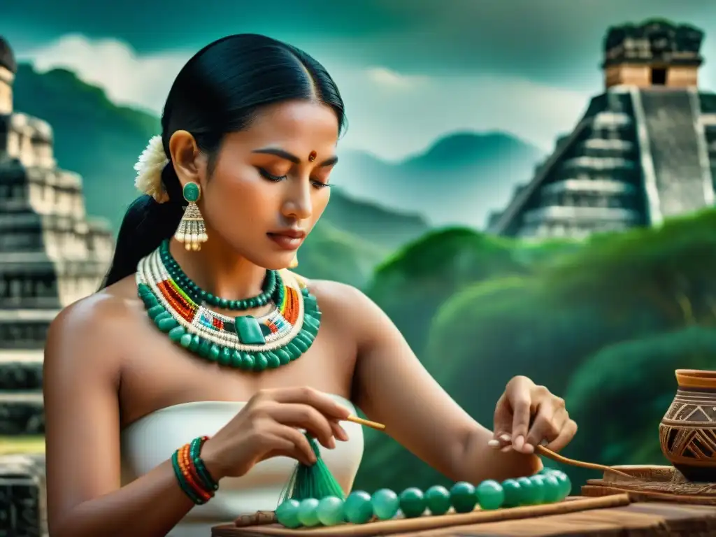 Un artesano maya crea un intricado collar de jade, joyas mayas símbolo estatus social