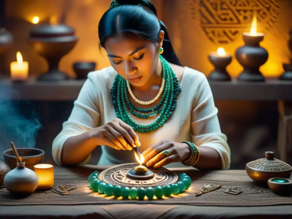 Un artesano maya crea una intrincada joya de jade en su taller iluminado por velas, evocando espiritualidad ancestral