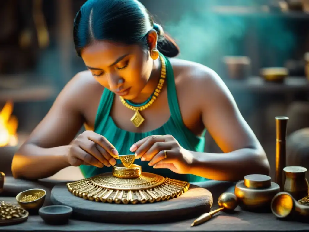 Hábil artesano maya elaborando joya de oro, reflejando comercio metales preciosos sociedad maya