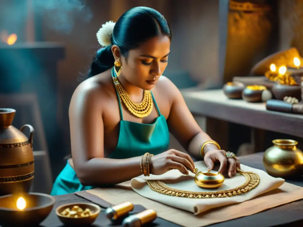 Artesano maya creando joya de oro rodeado de materiales preferidos, en taller iluminado con símbolos culturales