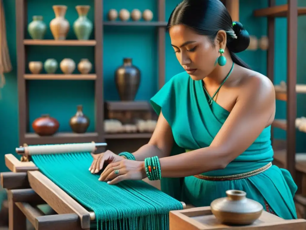 Un artesano maya hábil decora joyas con cuentas de jade y turquesa, reflejando la rica historia cultural de la orfebrería maya