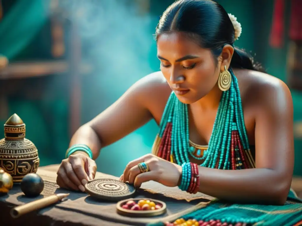 Un artesano maya creando joyas inspiradas en la cultura maya con herramientas tradicionales en un taller colorido