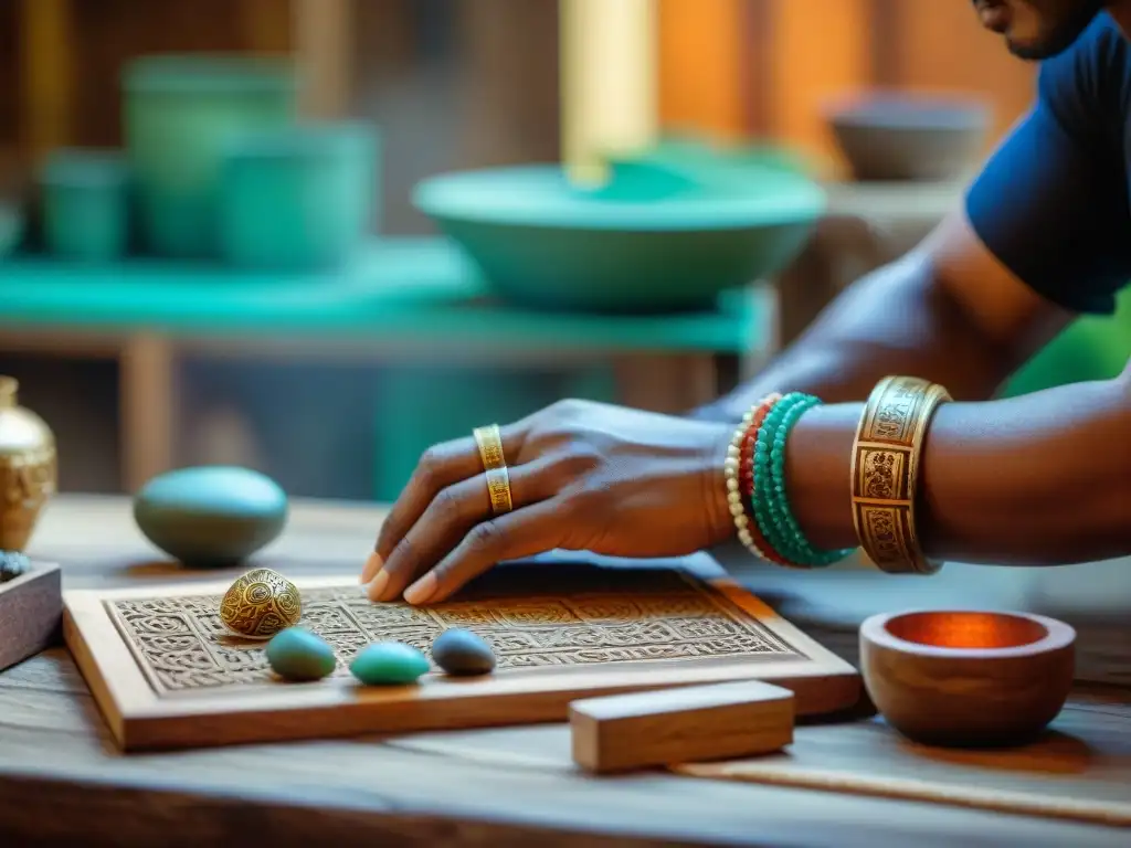 Un artesano maya hábil crea joyas inspiradas en su taller, rodeado de gemas y herramientas antiguas