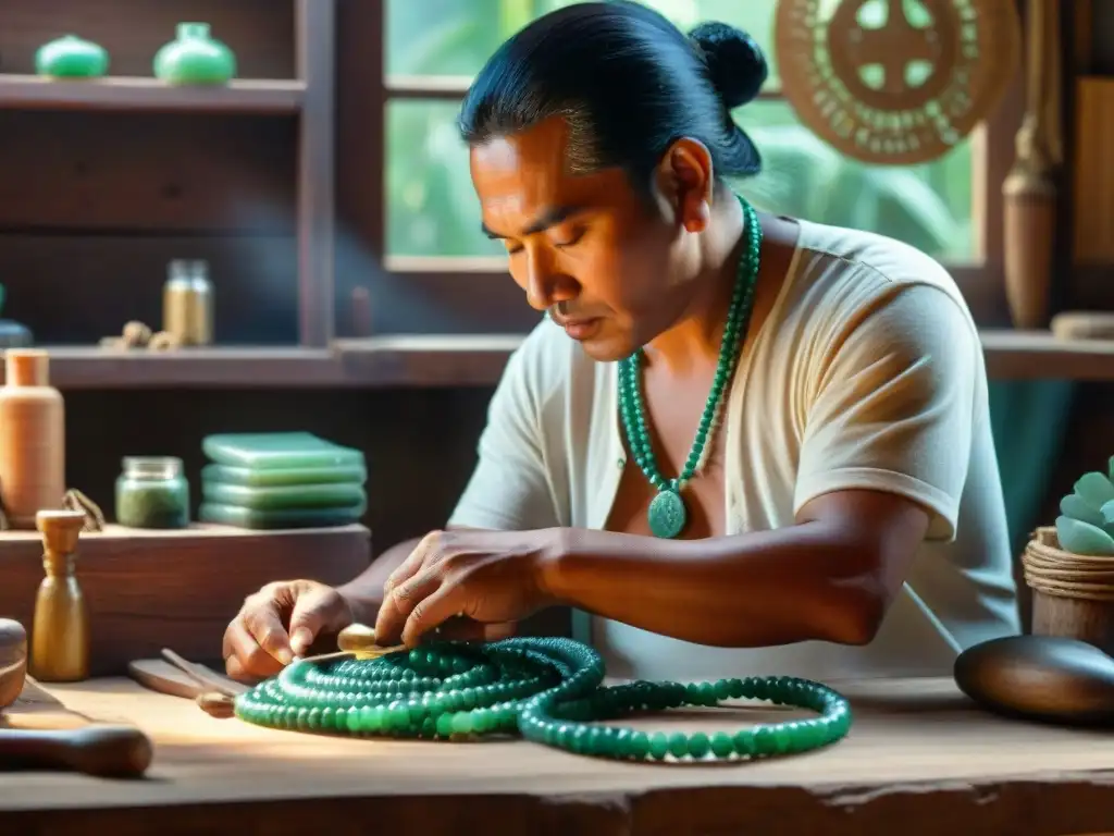 Artesano maya creando joyas de jade en su taller: Importancia joyas sociedad maya