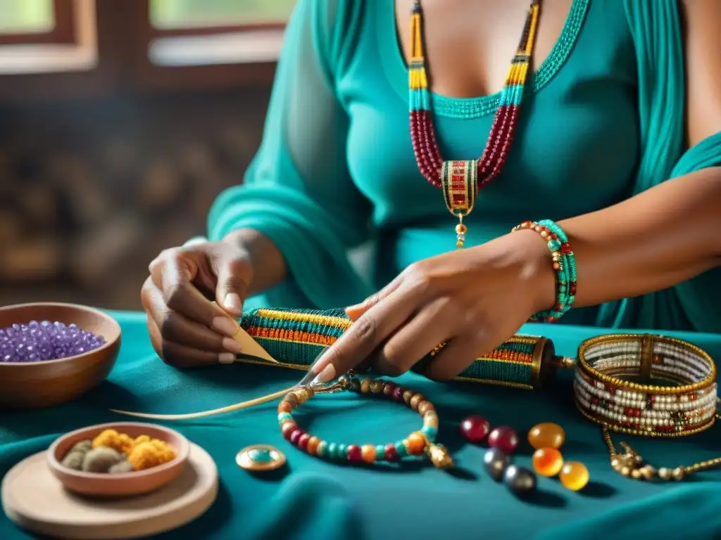 Un artesano maya creando joyas tradicionales entre gemas y herramientas, reflejo del impacto cultural de la sociedad