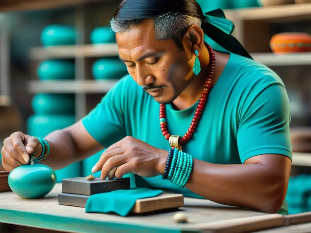 Artesano maya tallando joyería turquesa con destreza y pasión en su taller