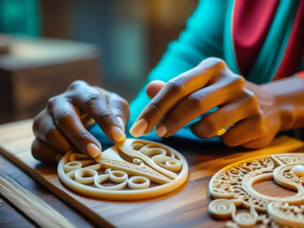 Artesano maya tallando joyería con huesos y dientes, destreza y tradición