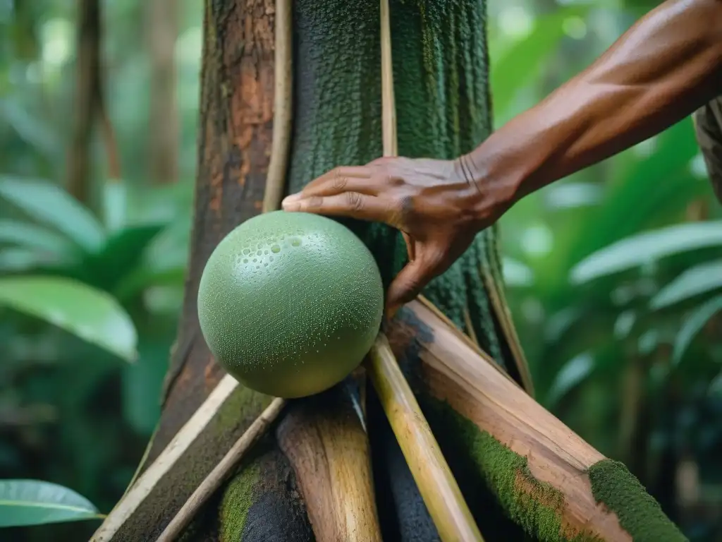 Un artesano maya extrae látex de un árbol de caucho en la selva, mostrando la innovación tecnológica caucho maya