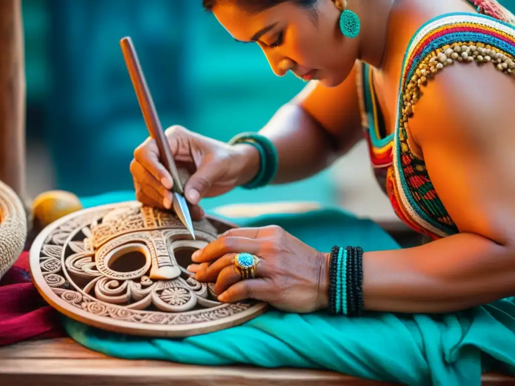 Artesano maya tallando máscara de madera rodeado de textiles vibrantes y herramientas antiguas, en escena iluminada por luz natural