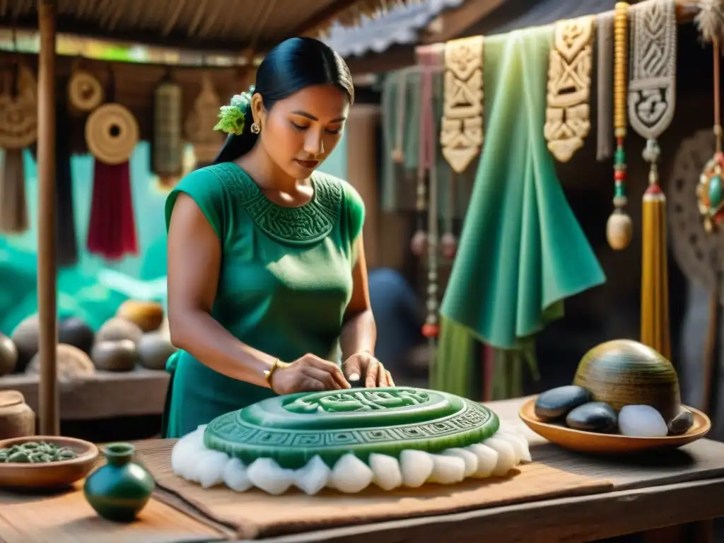 Artesano maya esculpiendo jade en mercado de pueblo, reflejando la Ética del trabajo en Maya con meticulosidad y tradición