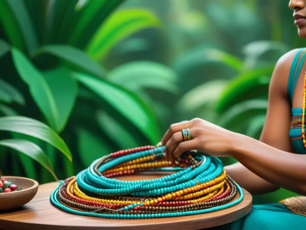 Un artesano maya moderno tejiendo joyería con materiales reciclados en la jungla