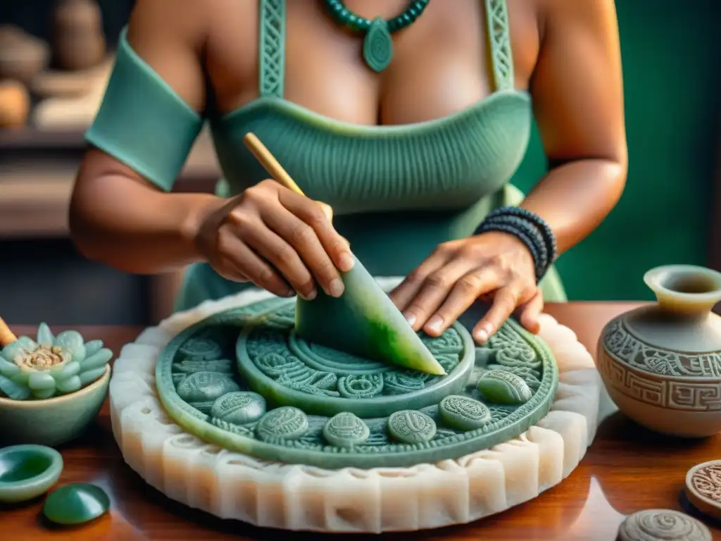 Un artesano maya moderno talla adornos con significado vida y muerte en jade, rodeado de símbolos tradicionales