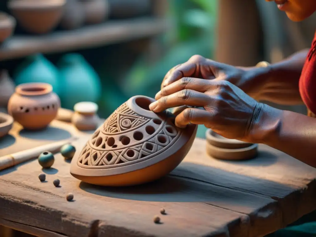 Artesano maya creando una ocarina de barro, con detalles intrincados y herramientas tradicionales