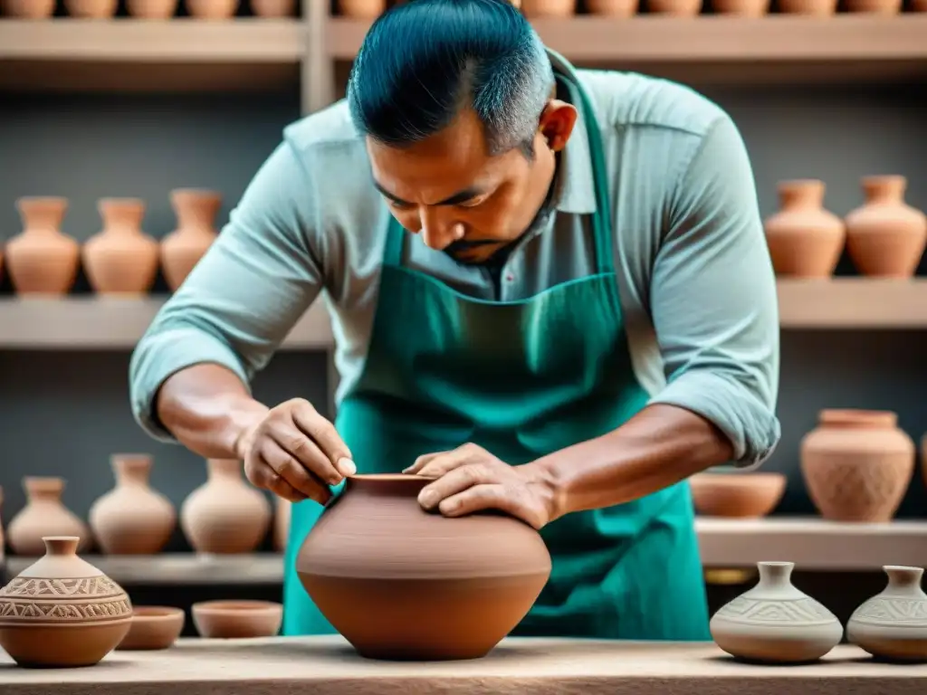 Un artesano maya moldea una olla de barro, fusionando técnicas ancestrales con diseño contemporáneo