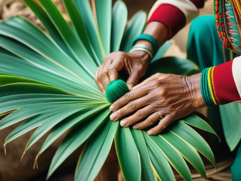 Artesano maya creando patrones en hoja de maguey verde con herramientas tradicionales