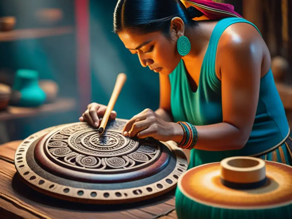 Un artesano maya tallando patrones en un instrumento musical de madera, con colores tradicionales, en un taller lleno de herramientas y materiales