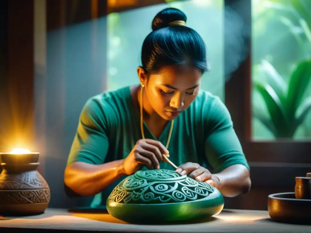 Un artesano maya esculpe patrones en jade, con la luz solar destacando la artesanía