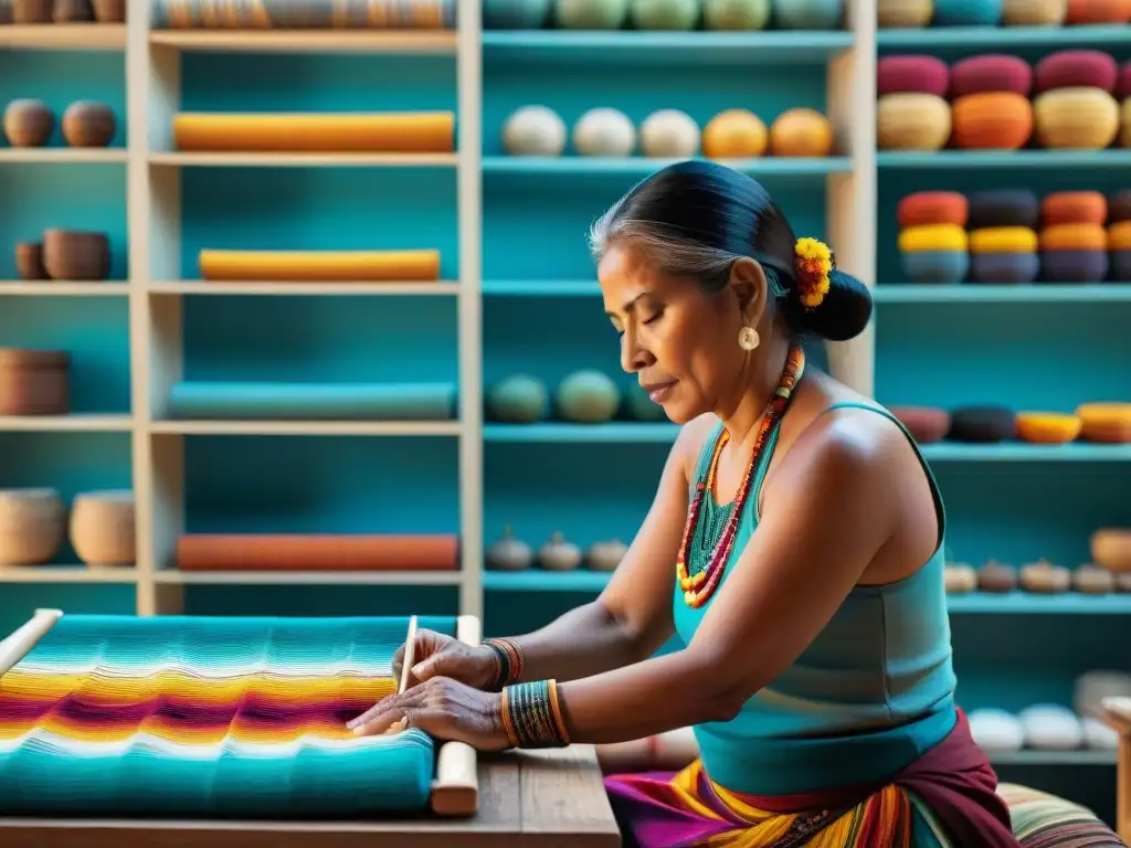 Un artesano maya teje patrones en un textil rodeado de coloridas artesanías y herramientas tradicionales, en un bullicioso mercado