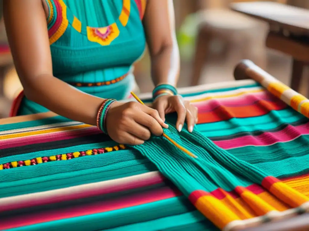 Un artesano maya tejiendo patrones en un textil vibrante, fusionando tradición y modernidad